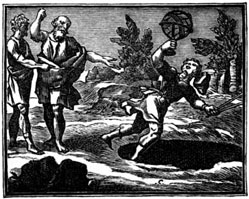 L’astrologue qui se laisse tomber dans un puits, {illustration de la fable de La Fontaine} (édition XVIIe siècle)
