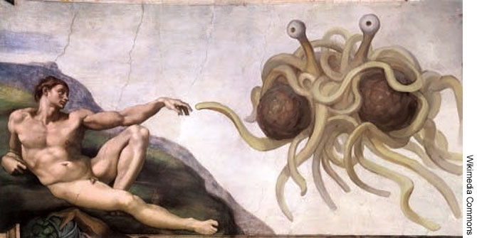 Monstre Spaghetti Volant touchant l’Homme de son appendice nouillesque