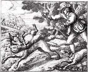 Illustration de la fable d’Ésope « Le garçon qui criait au loup » par F. Barlow (1687)