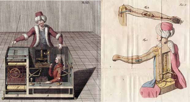 Reconstitution du Turc mécanique proposée par Joseph Friedrich Freiherr von Racknitz (1744-1818). Humboldt University Library